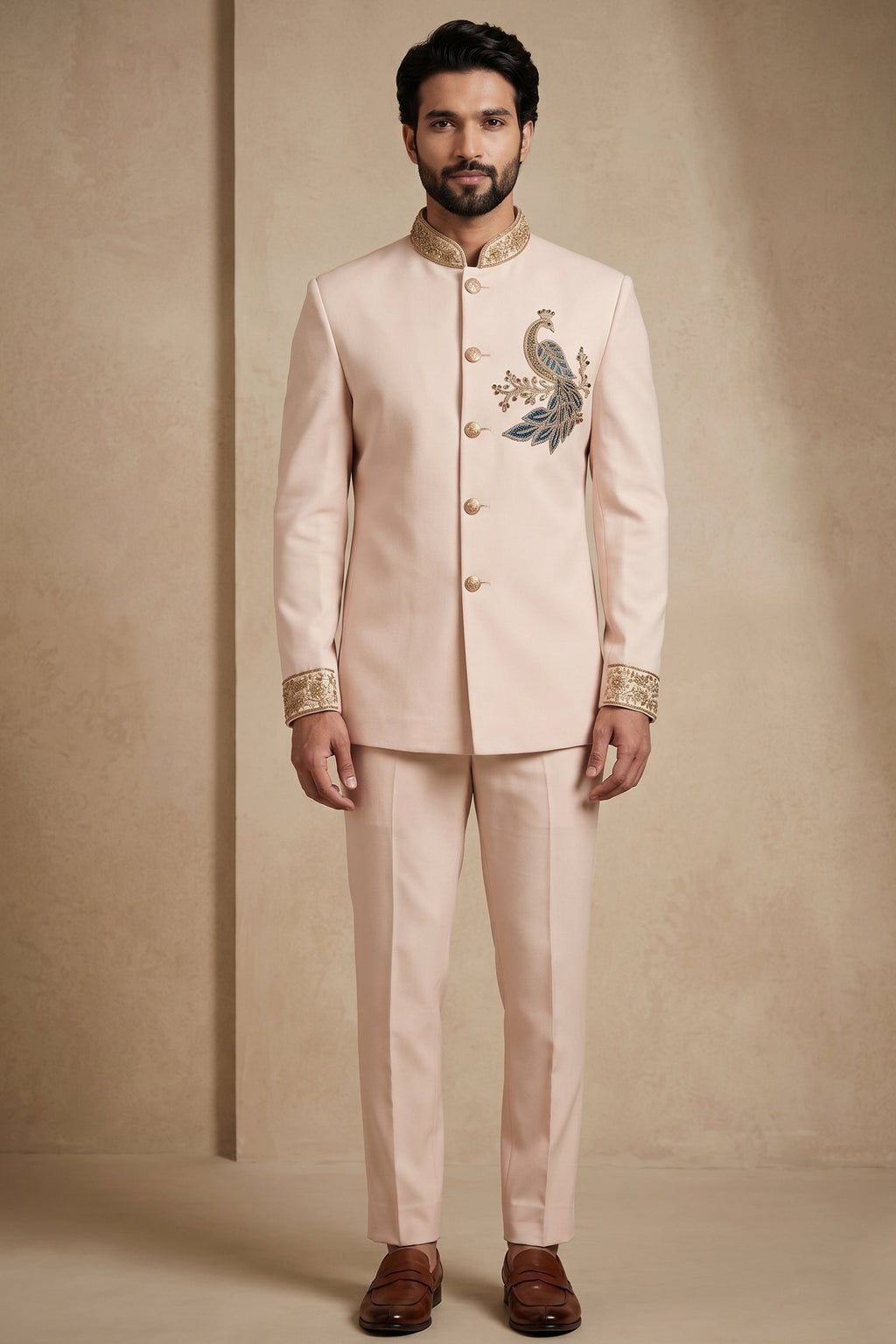 Blush Pink Satin Beaded Jodhpuri Suit