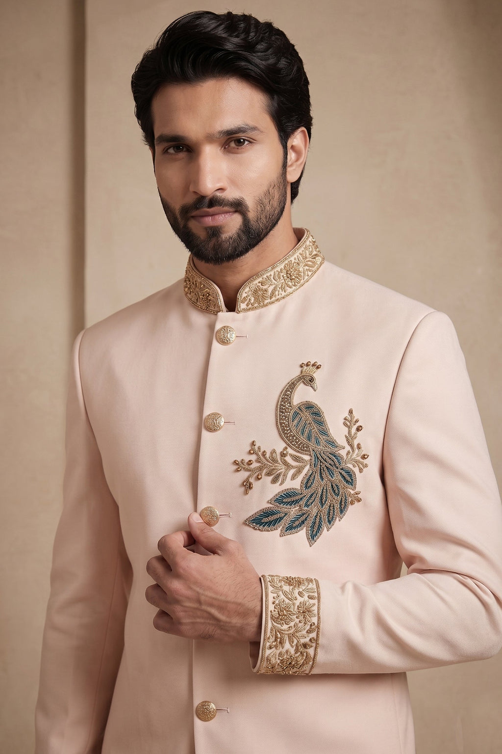 Blush Pink Satin Beaded Jodhpuri Suit