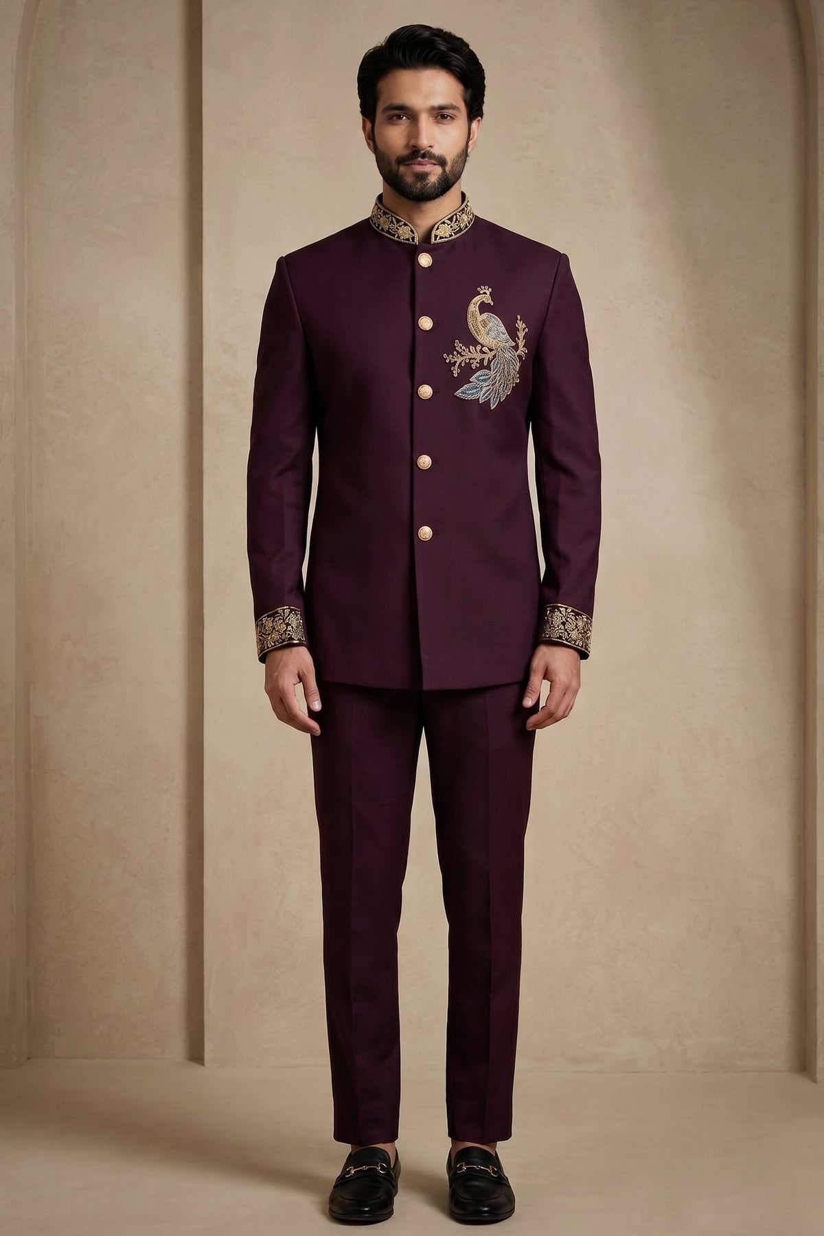 Maroon Beaded Satin Jodhpuri Suit