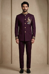 Maroon Beaded Satin Jodhpuri Suit