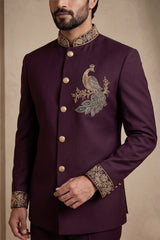 Maroon Beaded Satin Jodhpuri Suit