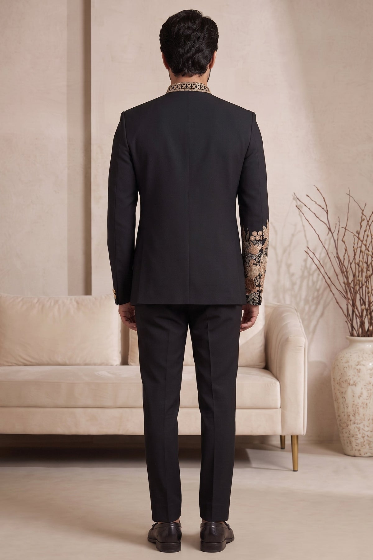 Black Satin Beaded Jodhpuri Suit