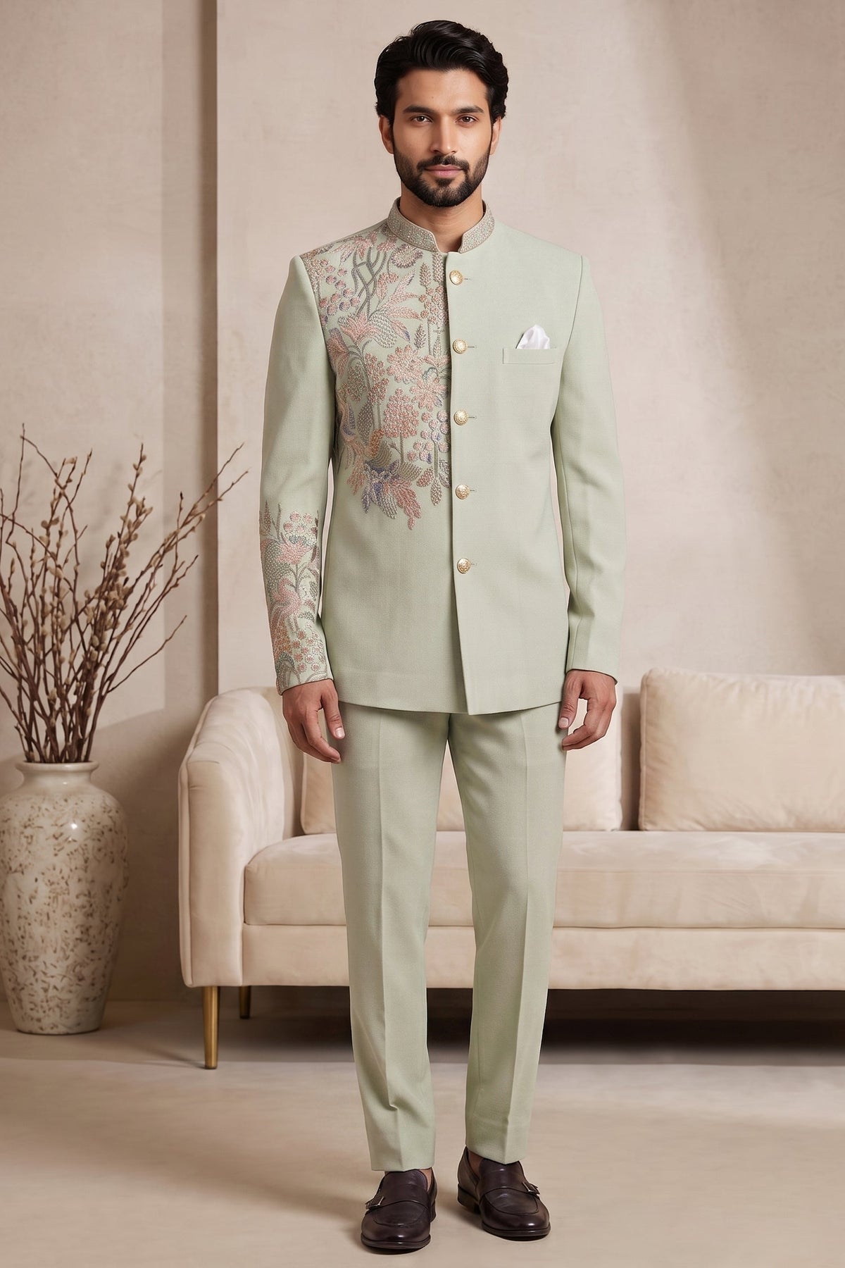 Light Pista Green Satin Beaded Jodhpuri Suit