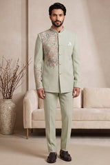 Light Pista Green Satin Beaded Jodhpuri Suit