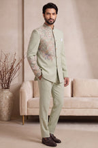 Light Pista Green Satin Beaded Jodhpuri Suit