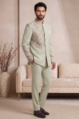 Light Pista Green Satin Beaded Jodhpuri Suit