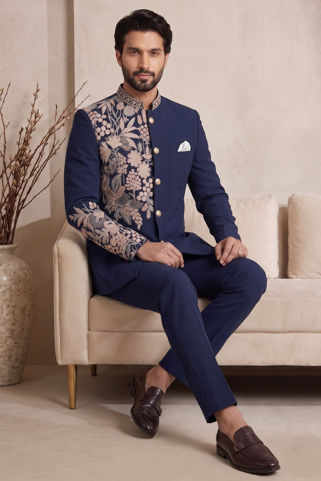 Navy Blue Satin Beaded Jodhpuri Suit