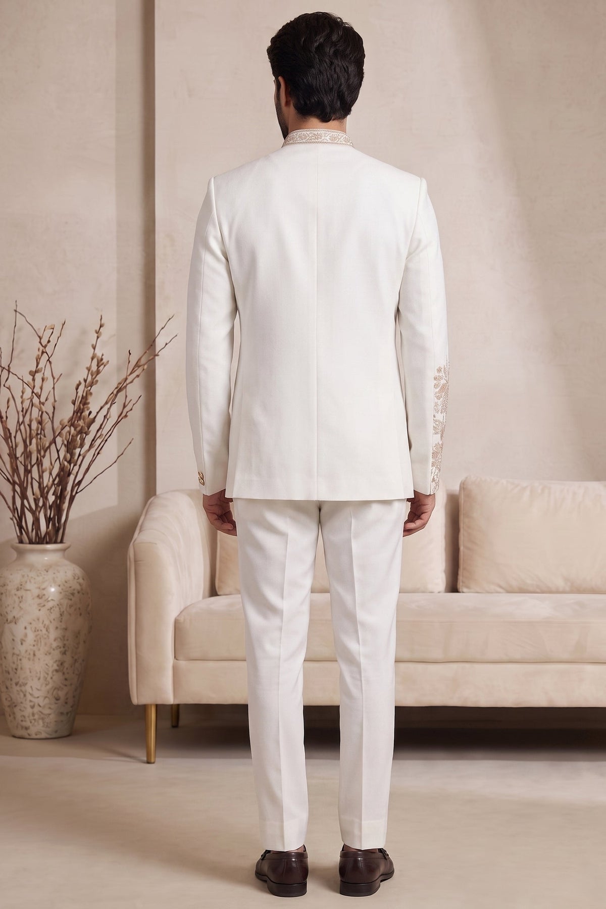 Off White Satin Beaded Jodhpuri Suit