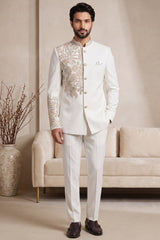 Off White Satin Beaded Jodhpuri Suit