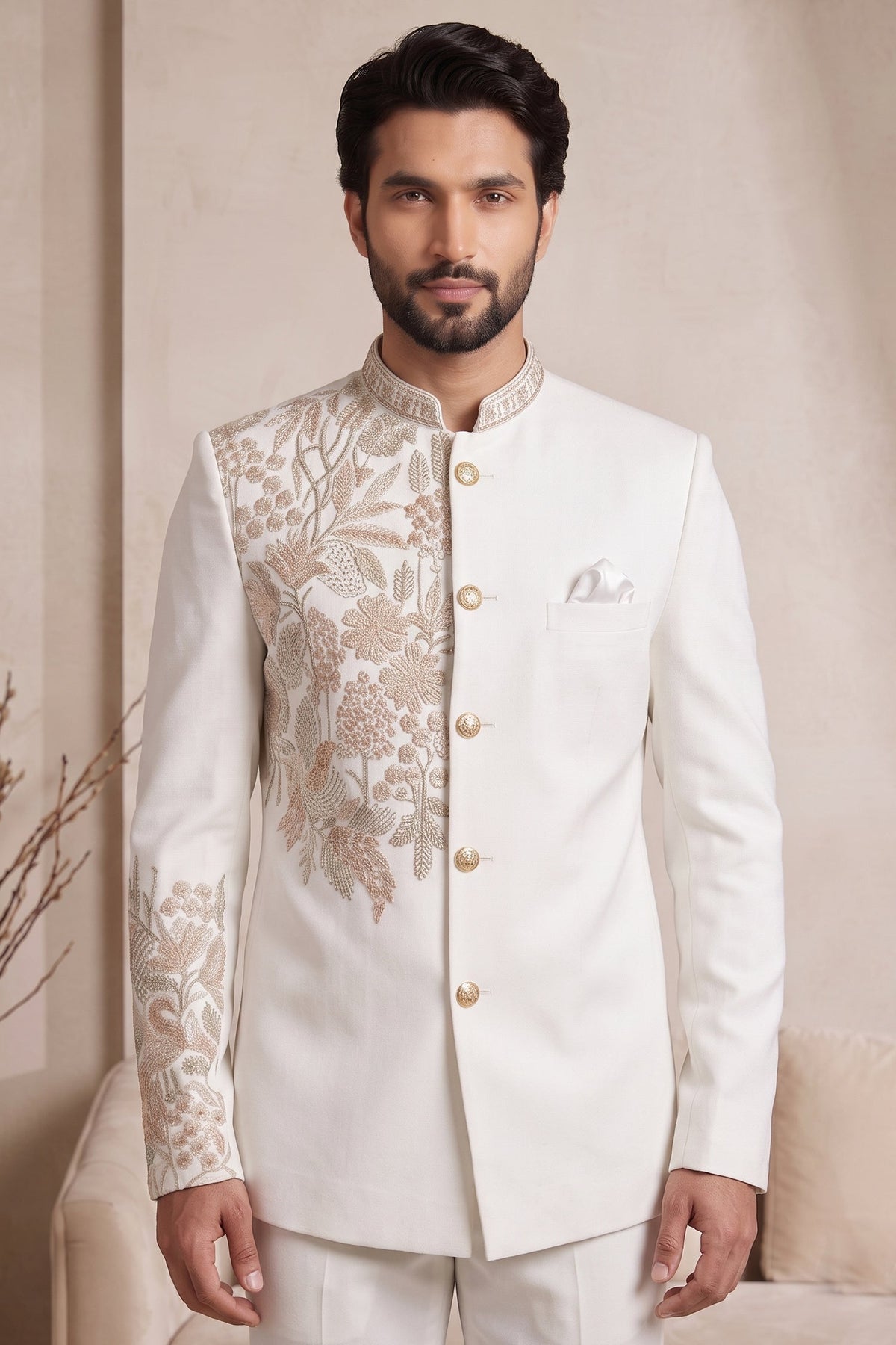 Off White Satin Beaded Jodhpuri Suit