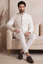 Off White Satin Beaded Jodhpuri Suit