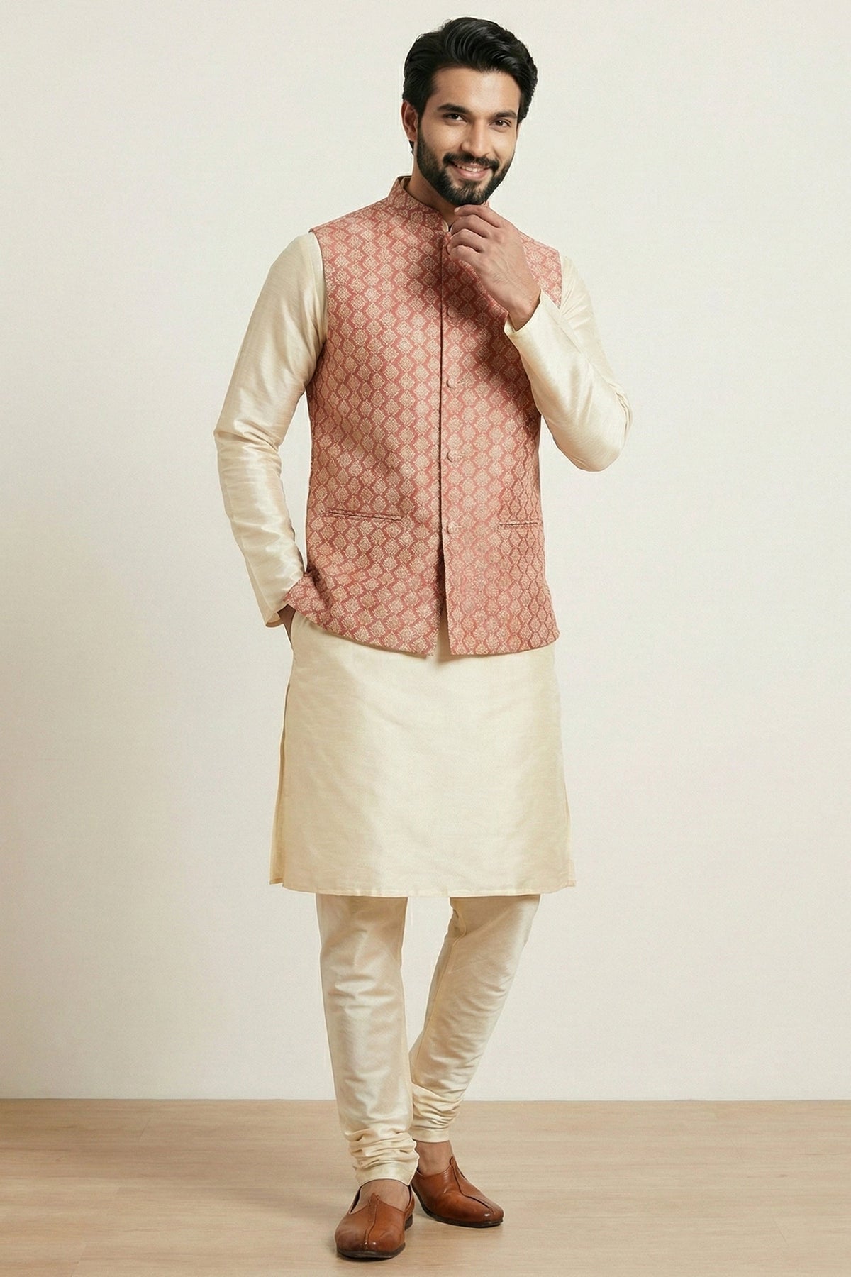 Gold Cream Banarasi Dupion Kurta Pajama with Jacket