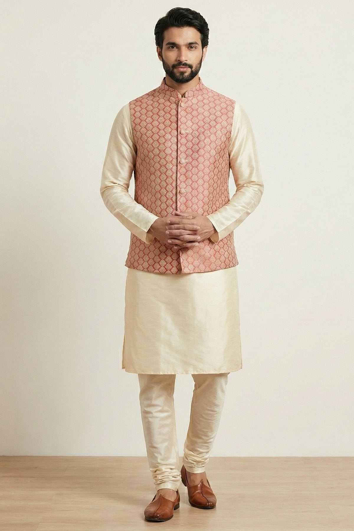 Gold Cream Banarasi Dupion Kurta Pajama with Jacket