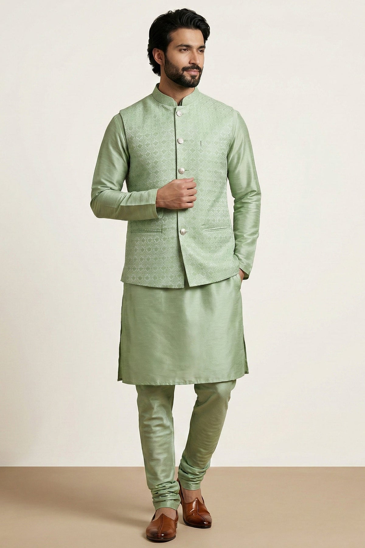 Light Pista Green Banarasi Dupion Kurta Pajama with Jacket