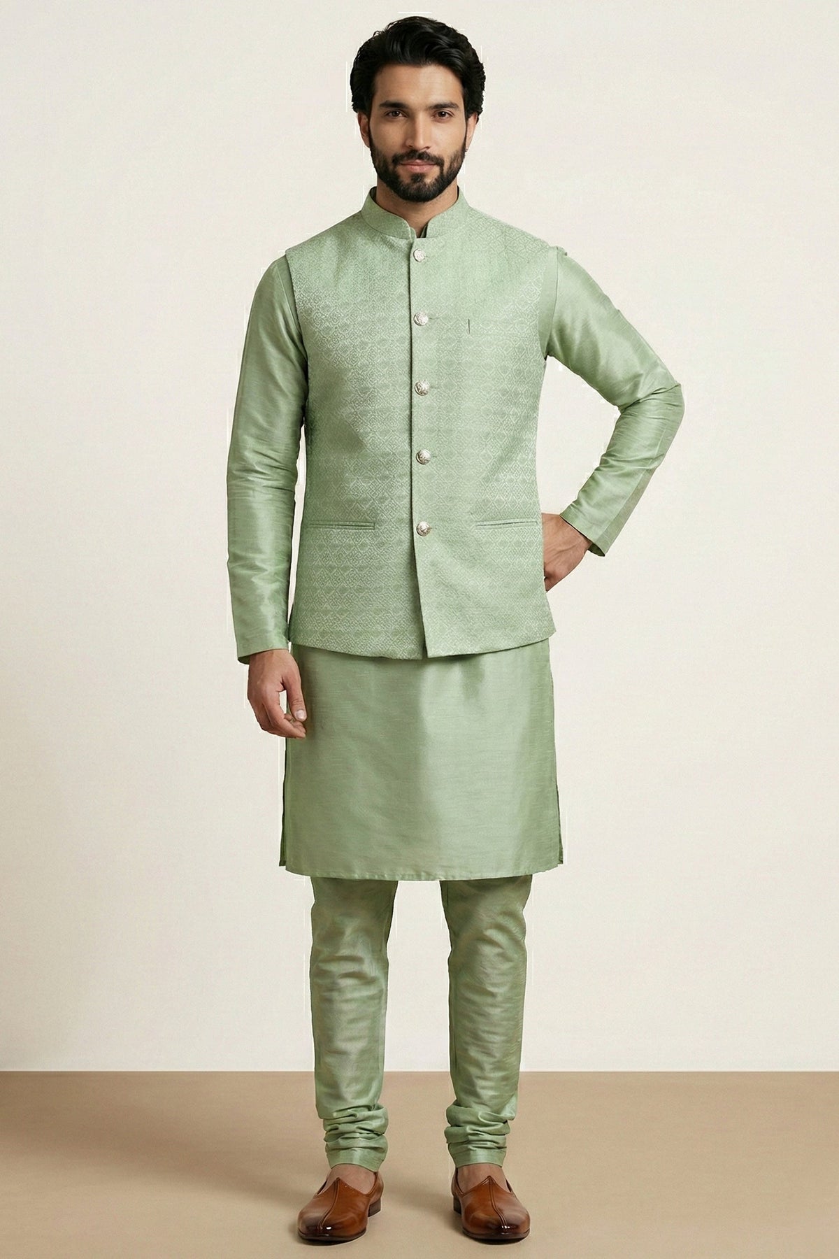 Light Pista Green Banarasi Dupion Kurta Pajama with Jacket