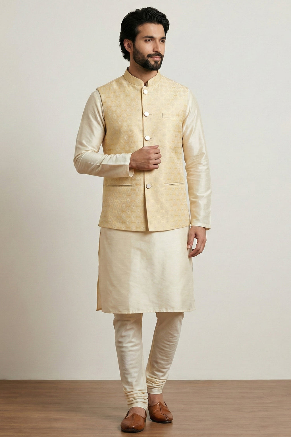 Gold Cream Banarasi Dupion Kurta Pajama with Jacket
