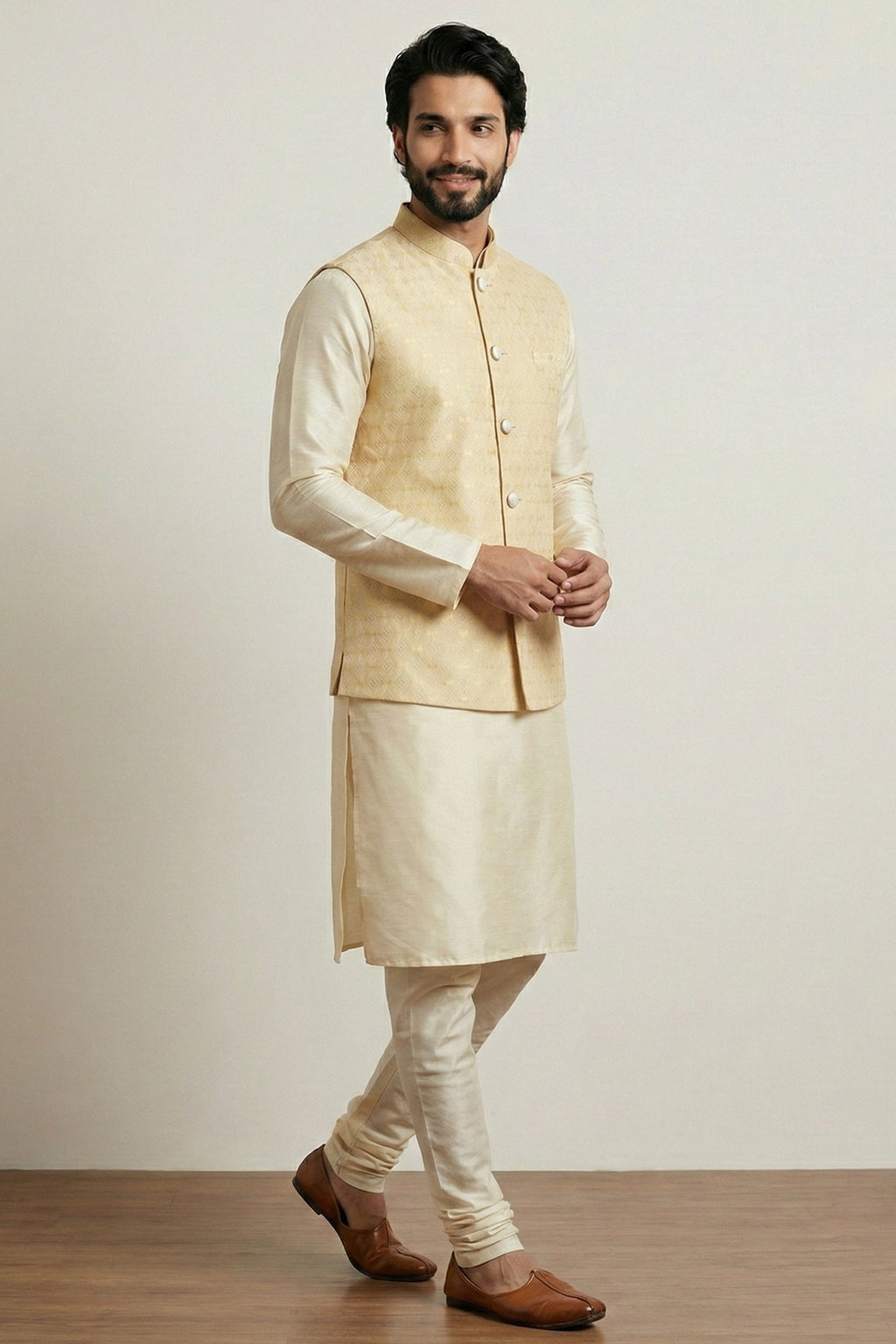 Gold Cream Banarasi Dupion Kurta Pajama with Jacket