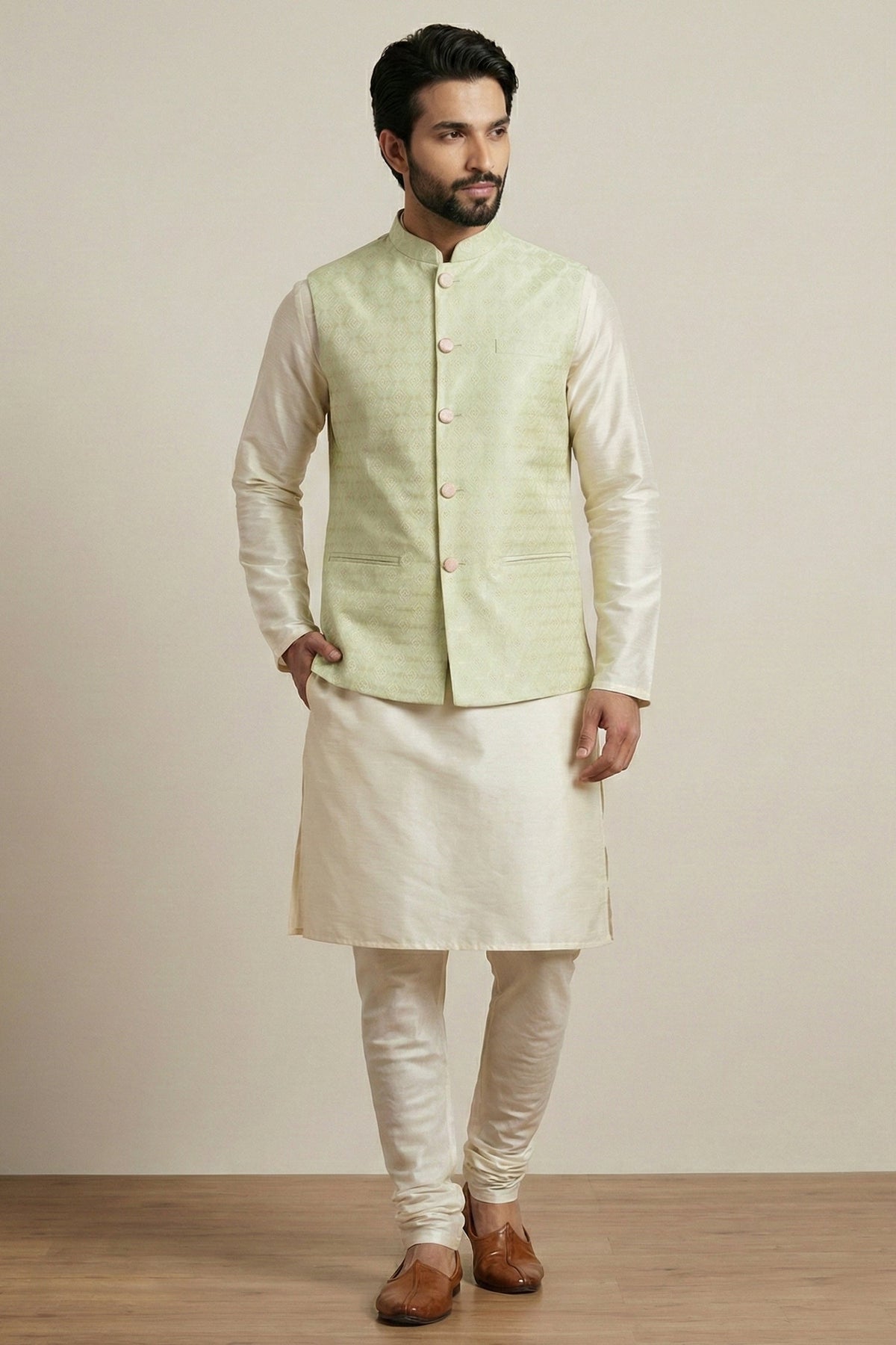 Cream Banarasi Dupion Kurta Pajama with Jacket