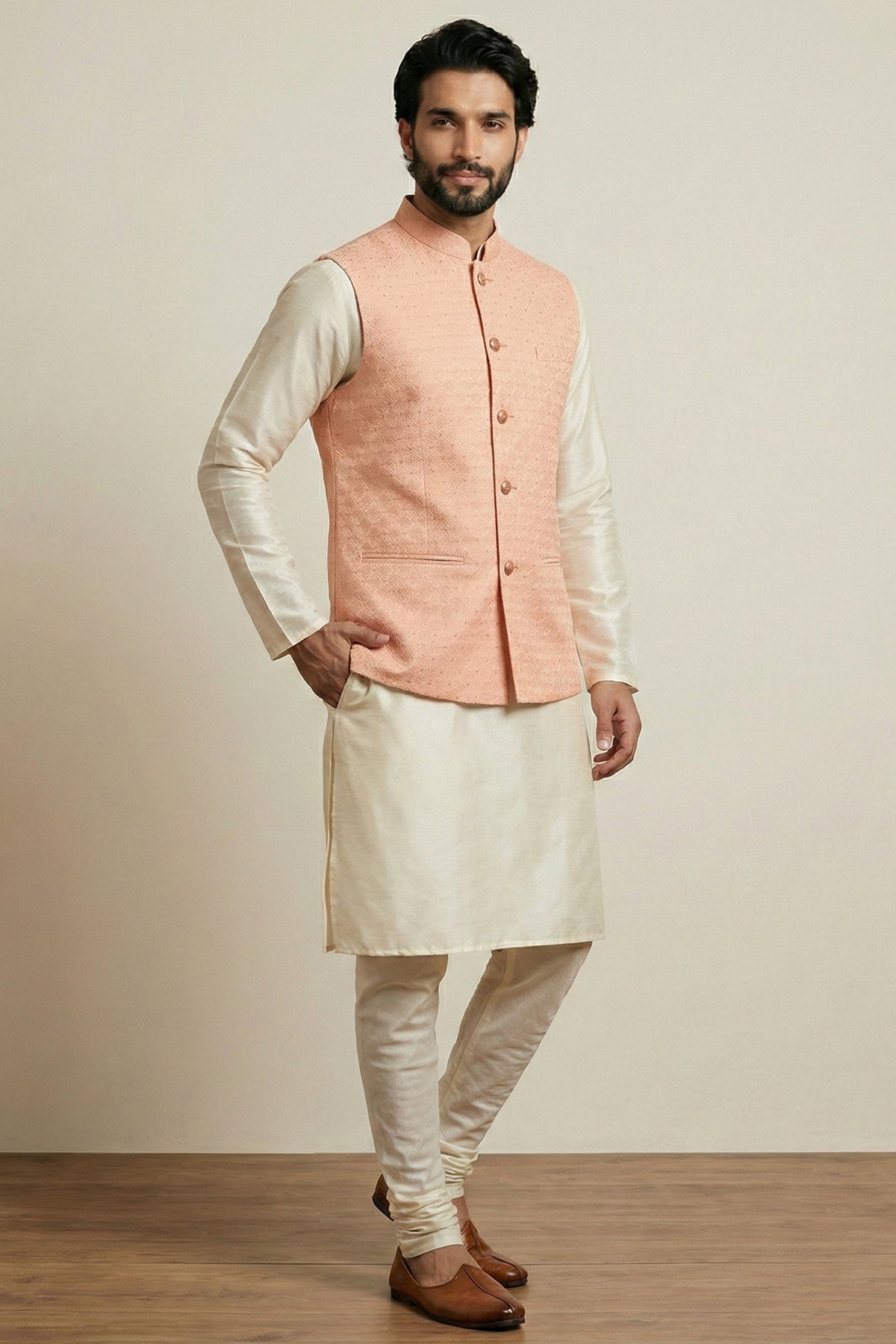 Cream Banarasi Dupion Kurta Pajama with Jacket