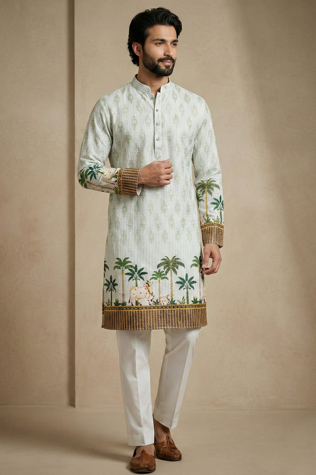 Green Cotton Printed Kurta Pajama