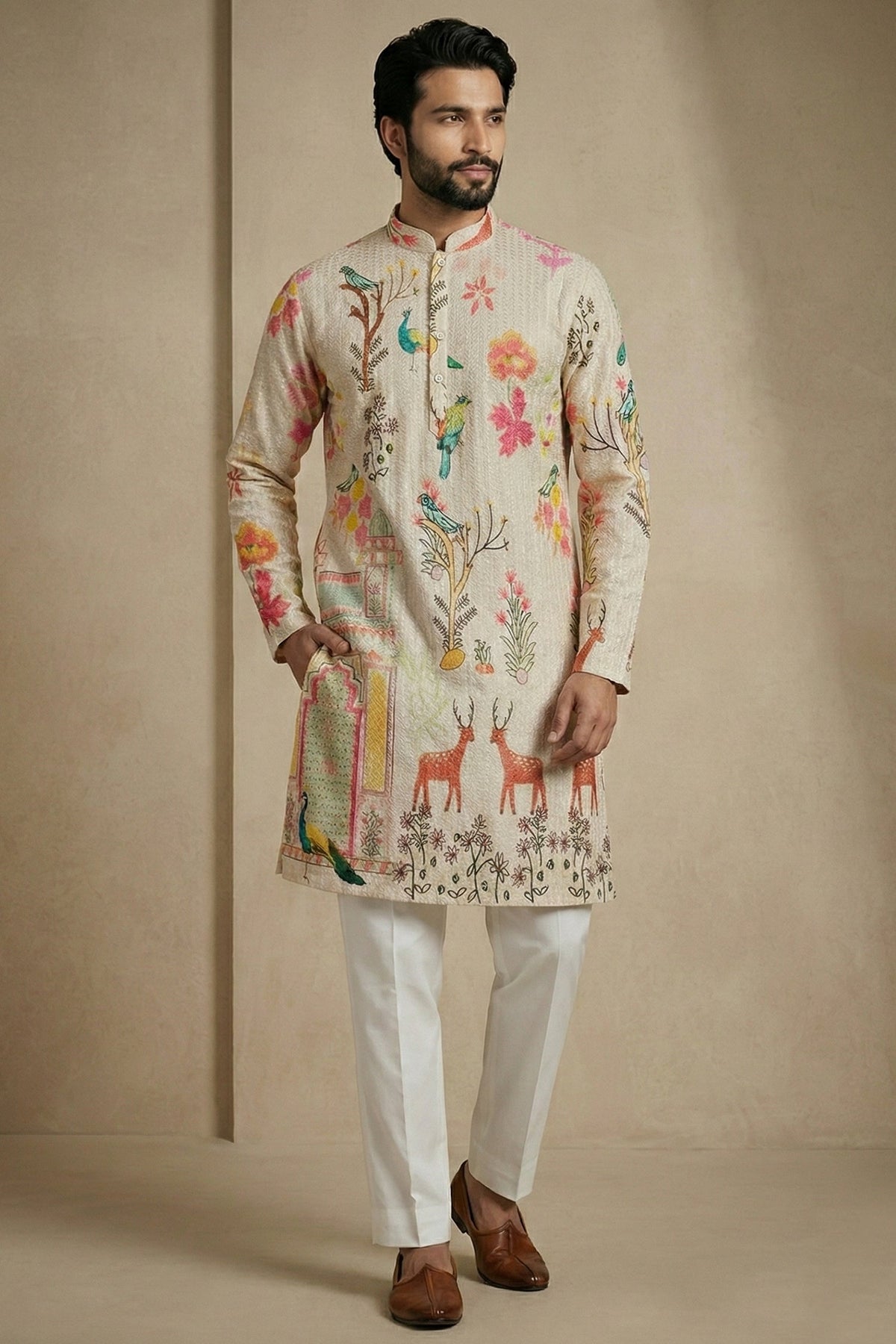 Beige Cotton Digital Printed Kurta Pajama