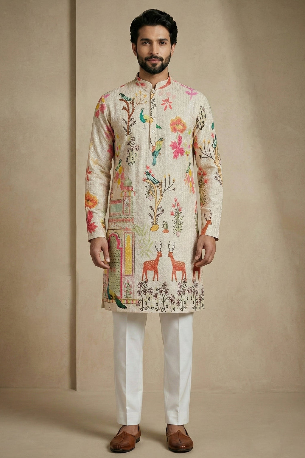 Beige Cotton Digital Printed Kurta Pajama