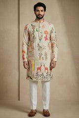 Beige Cotton Digital Printed Kurta Pajama