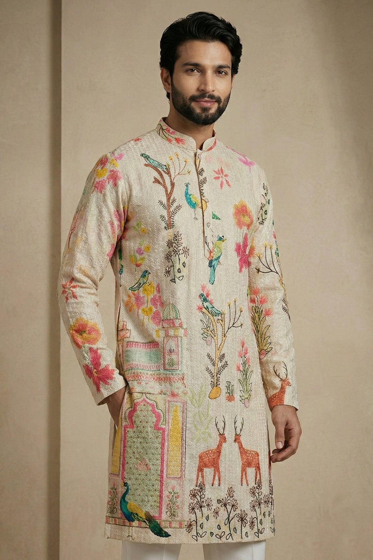 Beige Cotton Digital Printed Kurta Pajama