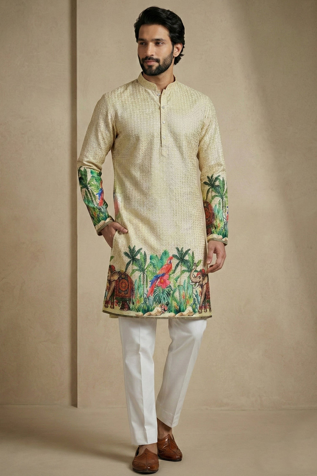 Light Beige Cotton Printed Kurta Pajama