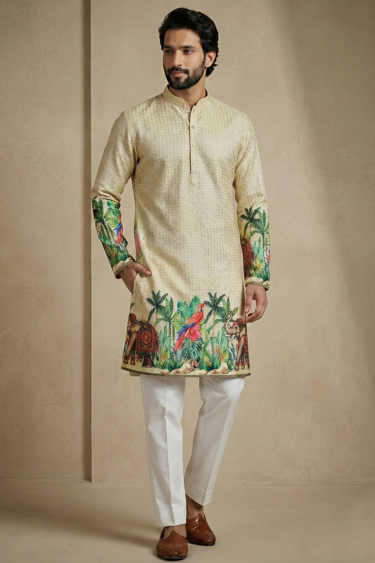 Light Beige Cotton Printed Kurta Pajama