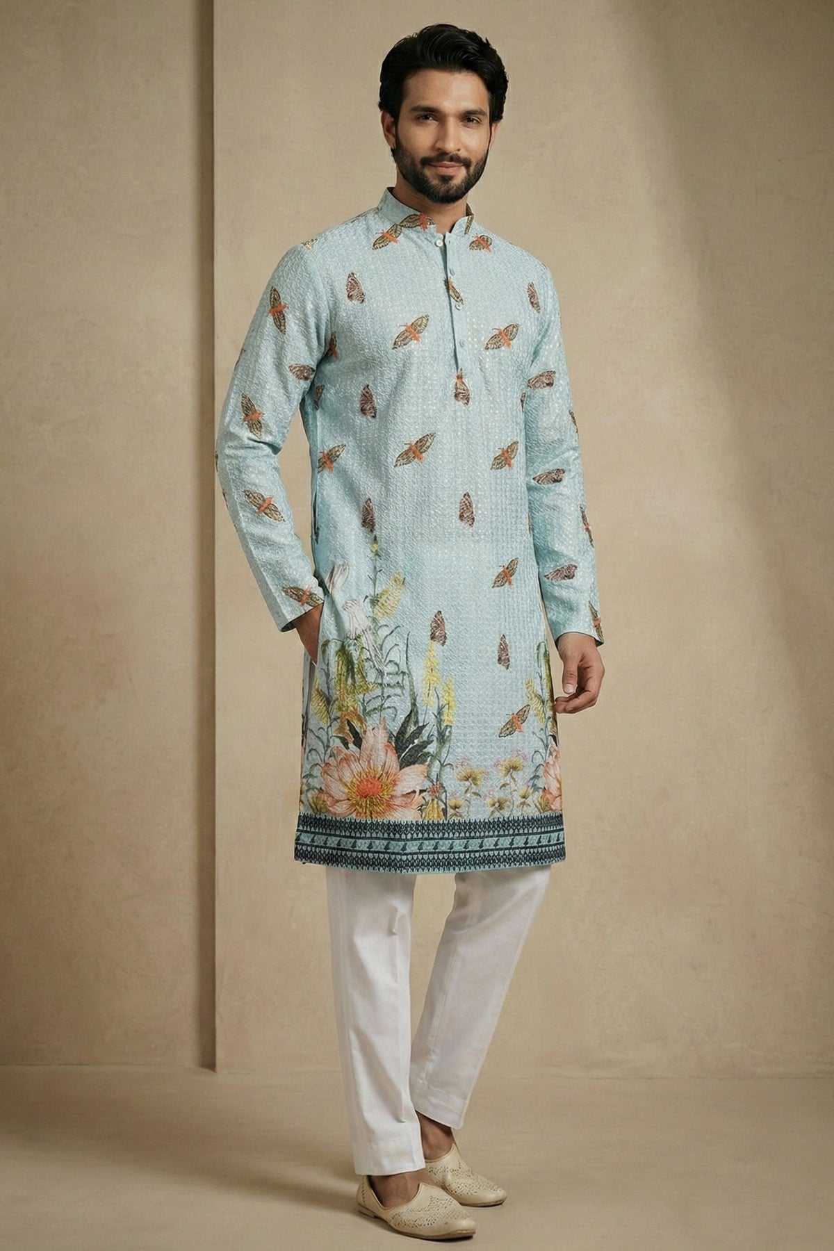 Light Blue Cotton Printed Kurta Pajama