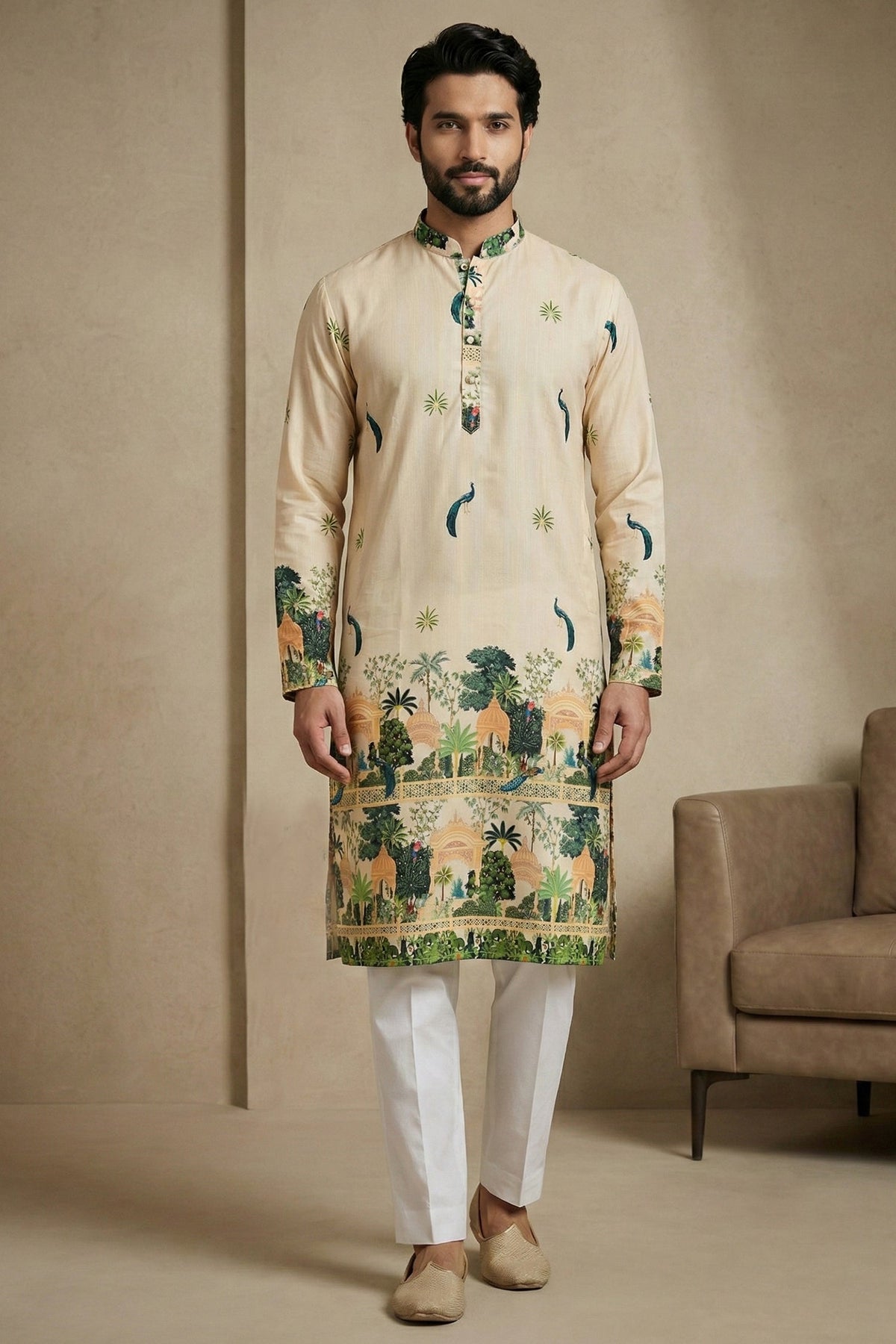 Light Cream Cotton Printed Kurta Pajama