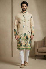 Light Cream Cotton Printed Kurta Pajama