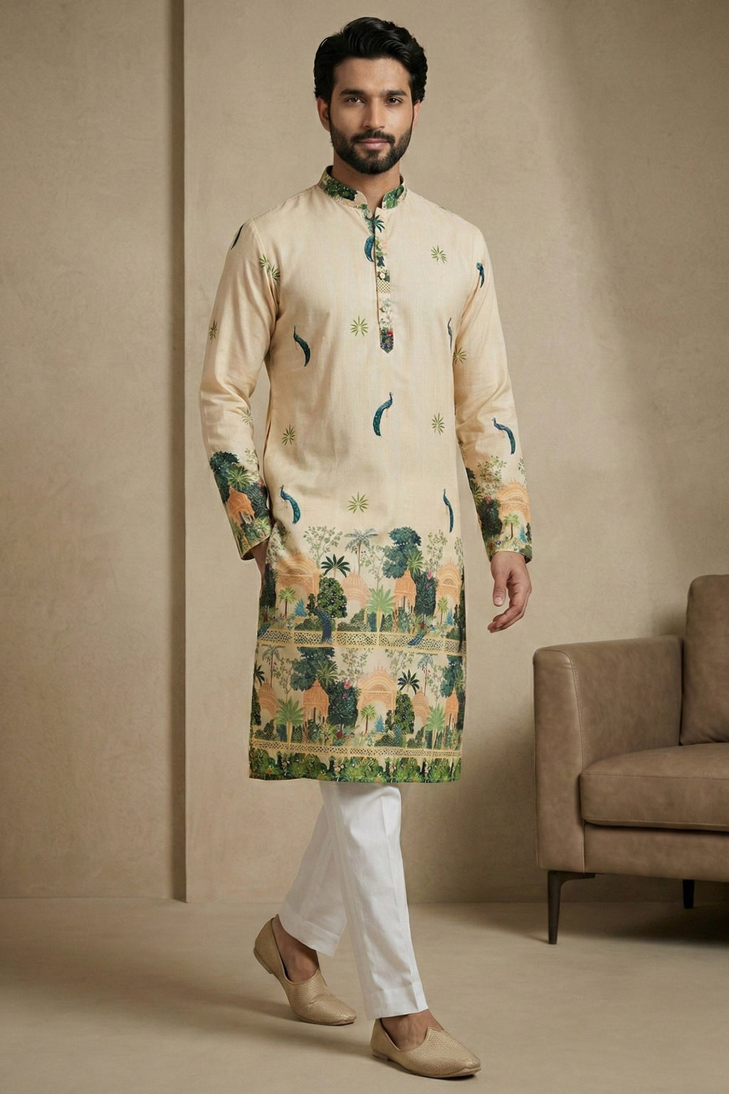 Light Cream Cotton Printed Kurta Pajama