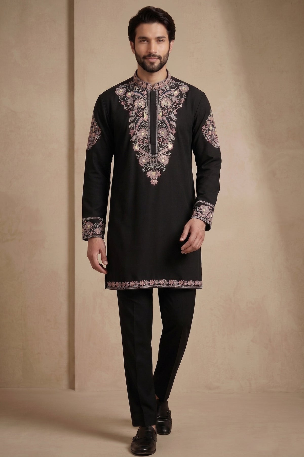 Black Silk Embroidered Kurta Set