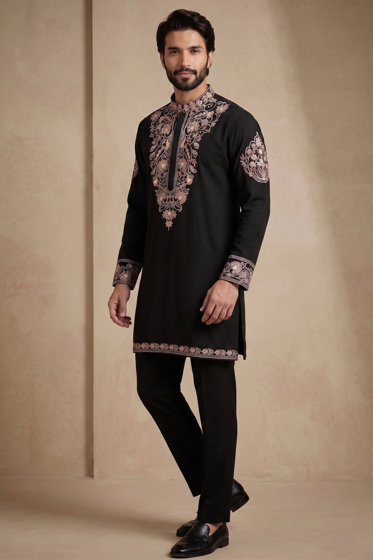 Black Silk Embroidered Kurta Set