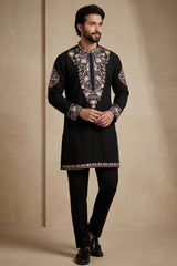 Black Silk Embroidered Kurta Set