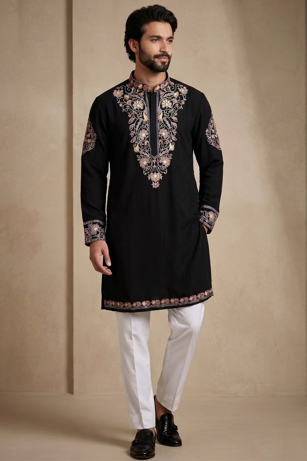 Black Silk Embroidered Kurta Set