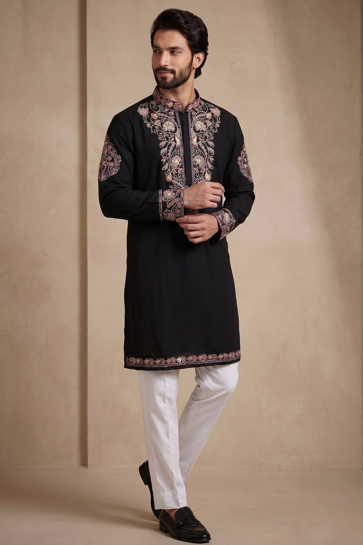 Black Silk Embroidered Kurta Set