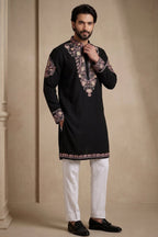 Black Silk Embroidered Kurta Set