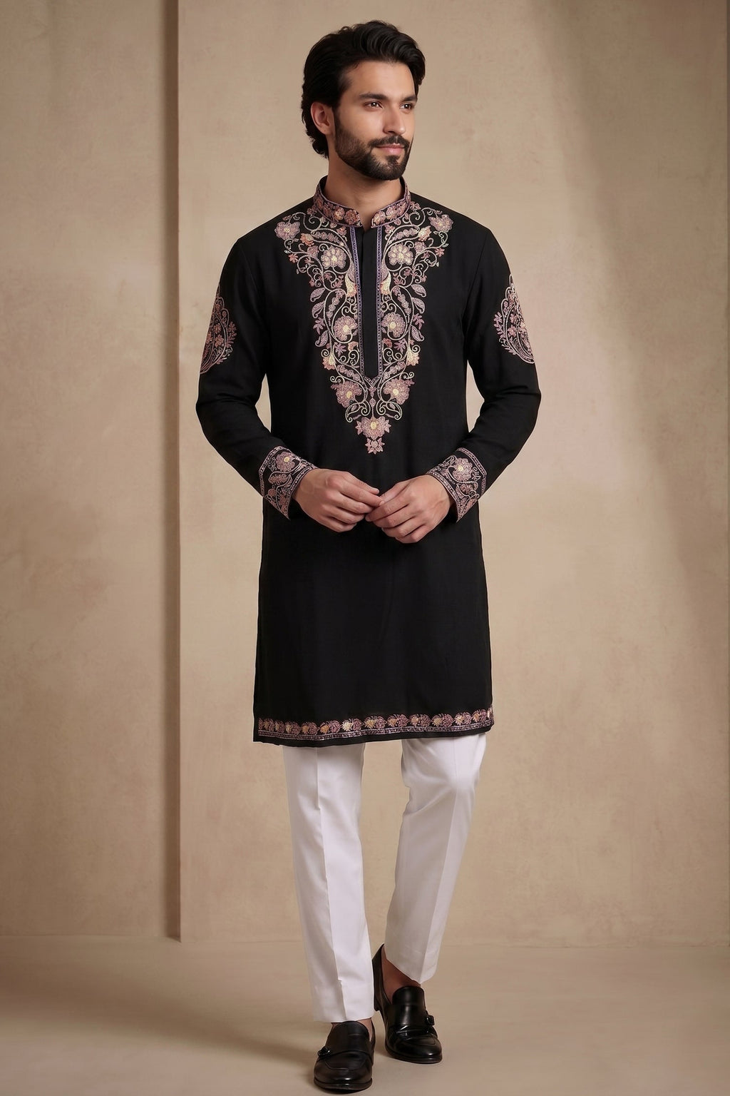 Black Silk Embroidered Kurta Set