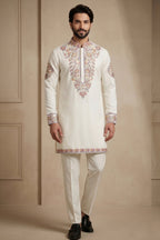 Pearl White Silk Embroidered Kurta Set