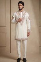 Pearl White Silk Embroidered Kurta Set