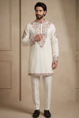Pearl White Silk Embroidered Kurta Set