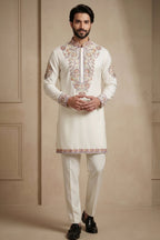 Pearl White Silk Embroidered Kurta Set