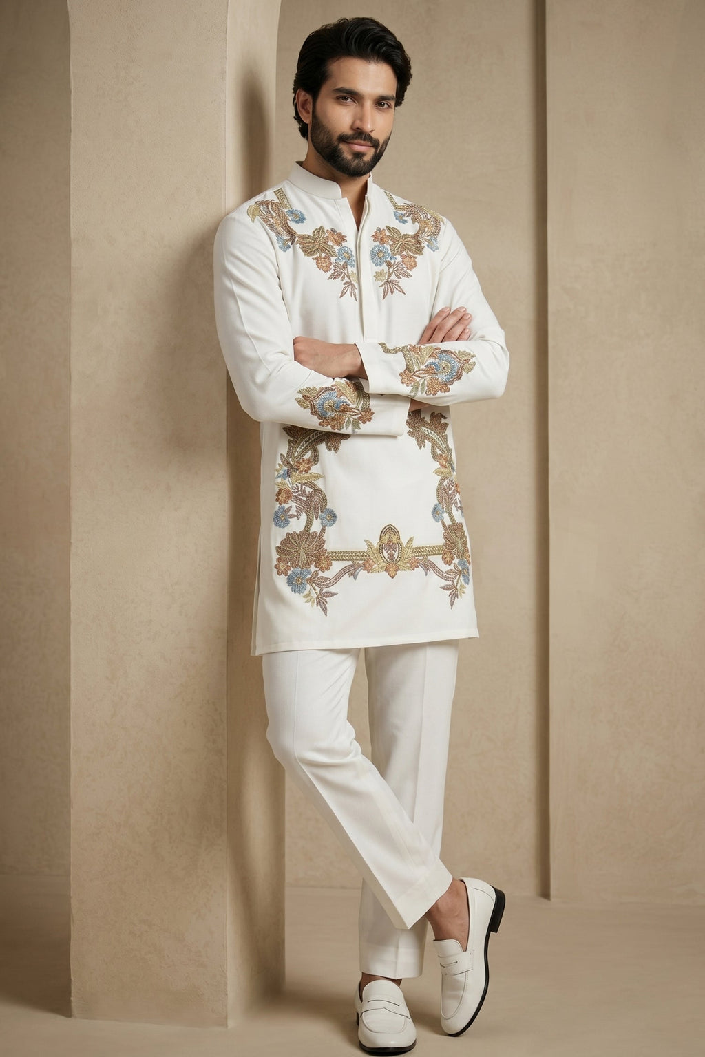 Pearl White Silk Embroidered Kurta Set