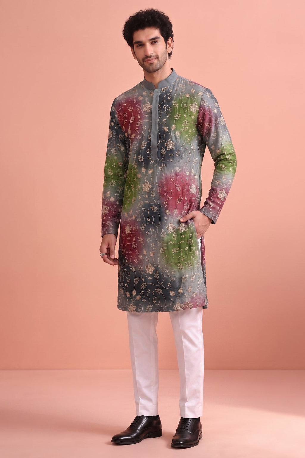Grey Art Silk Embroidered and Printed Work Kurta Pajama