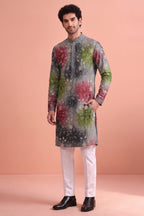 Grey Art Silk Embroidered and Printed Work Kurta Pajama
