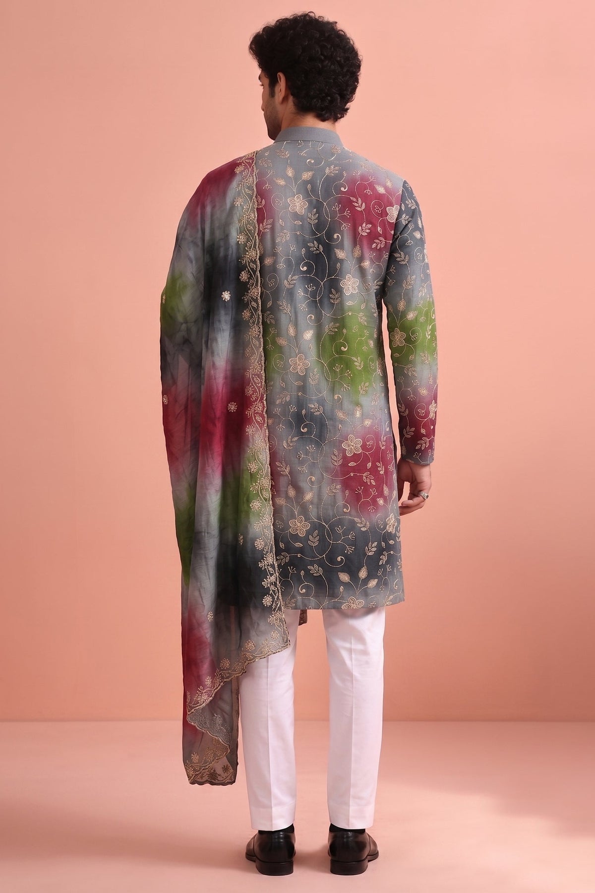 Grey Art Silk Embroidered and Printed Work Kurta Pajama with Stole