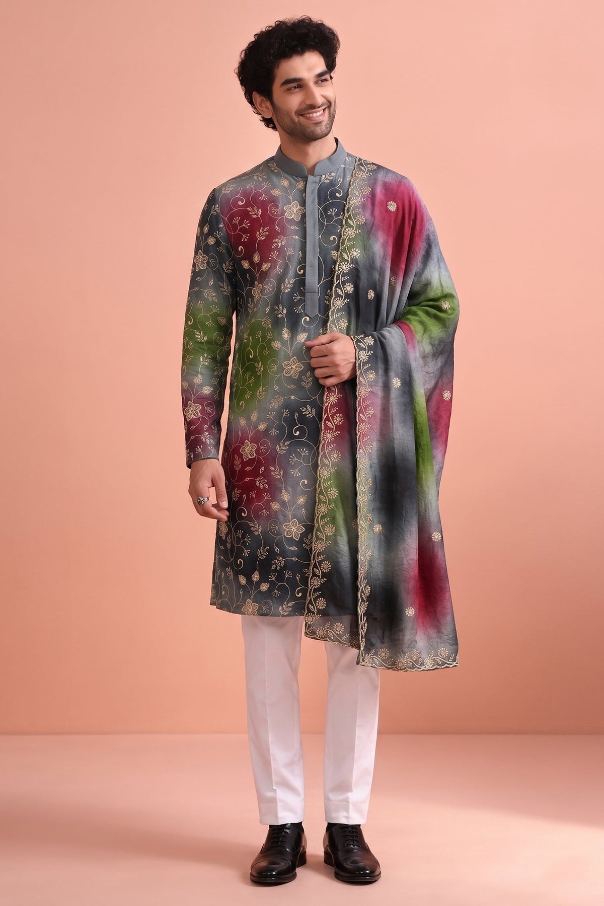 Grey Art Silk Embroidered and Printed Work Kurta Pajama with Stole